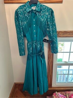 NWT Vintage Lilia Smitty Teal Western Fringe Dress with Floral Lace Yoke